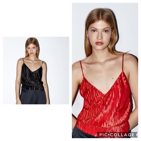 Zara crinkle effect peplum tanks red black L nwt! - Picture 1 of 11